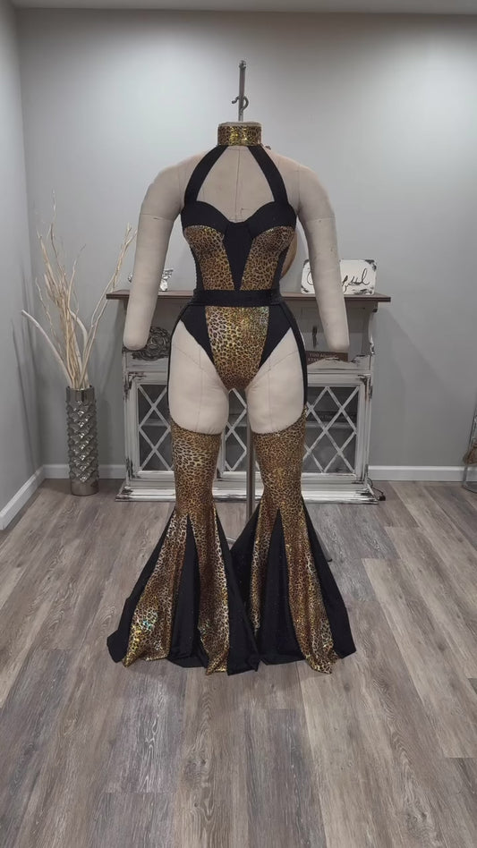 Leo with bellbottom chaps (cheetah)