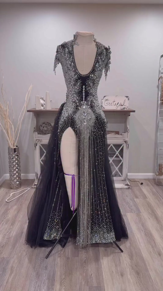 Rhinestoned Lace Up Gown with Bustle